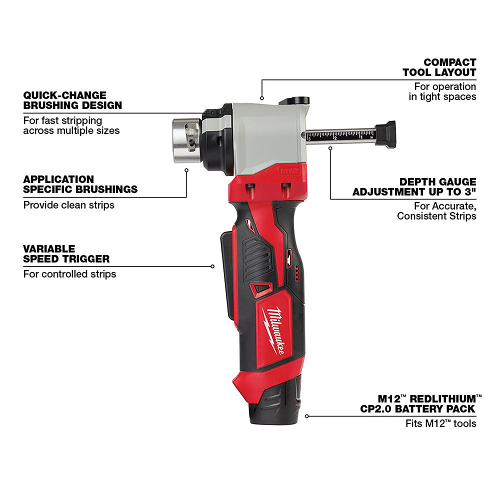 Milwaukee M12 cordless cable stripper with red and black body, quick-change brushing head, depth gauge, and battery pack atta