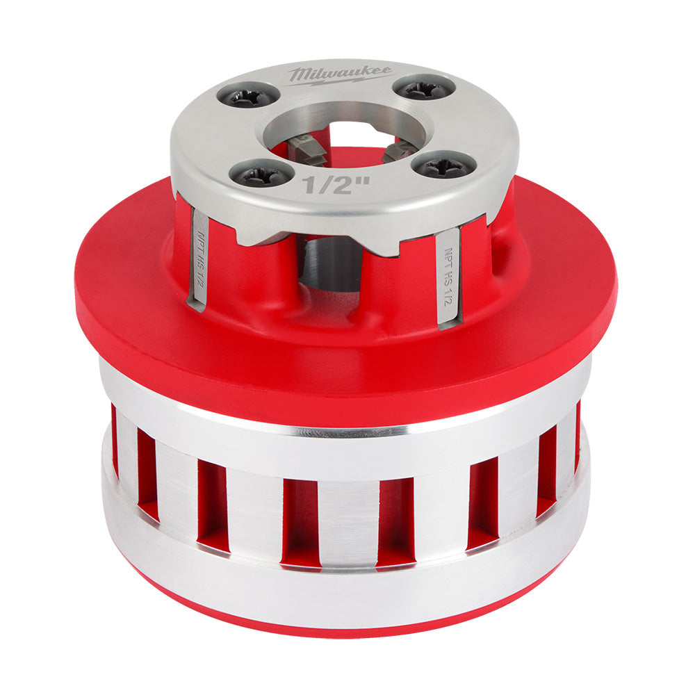 Red and aluminum Milwaukee pipe threading die head with 1/2" NPT marking, four cutting dies, and center opening.