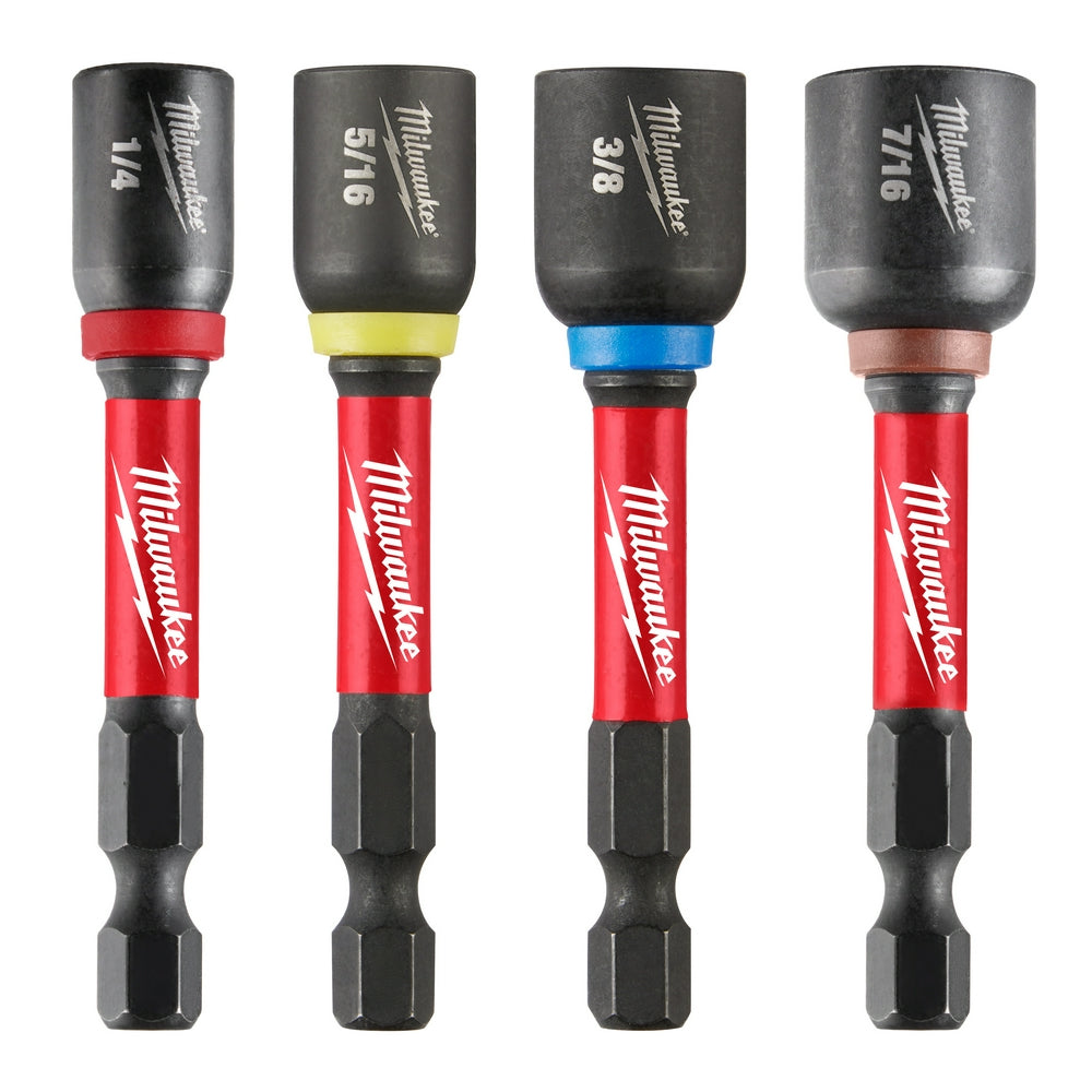 Four Milwaukee magnetic nut drivers with red handles in sizes 1/4, 5/16, 3/8, and 7/16 inch.