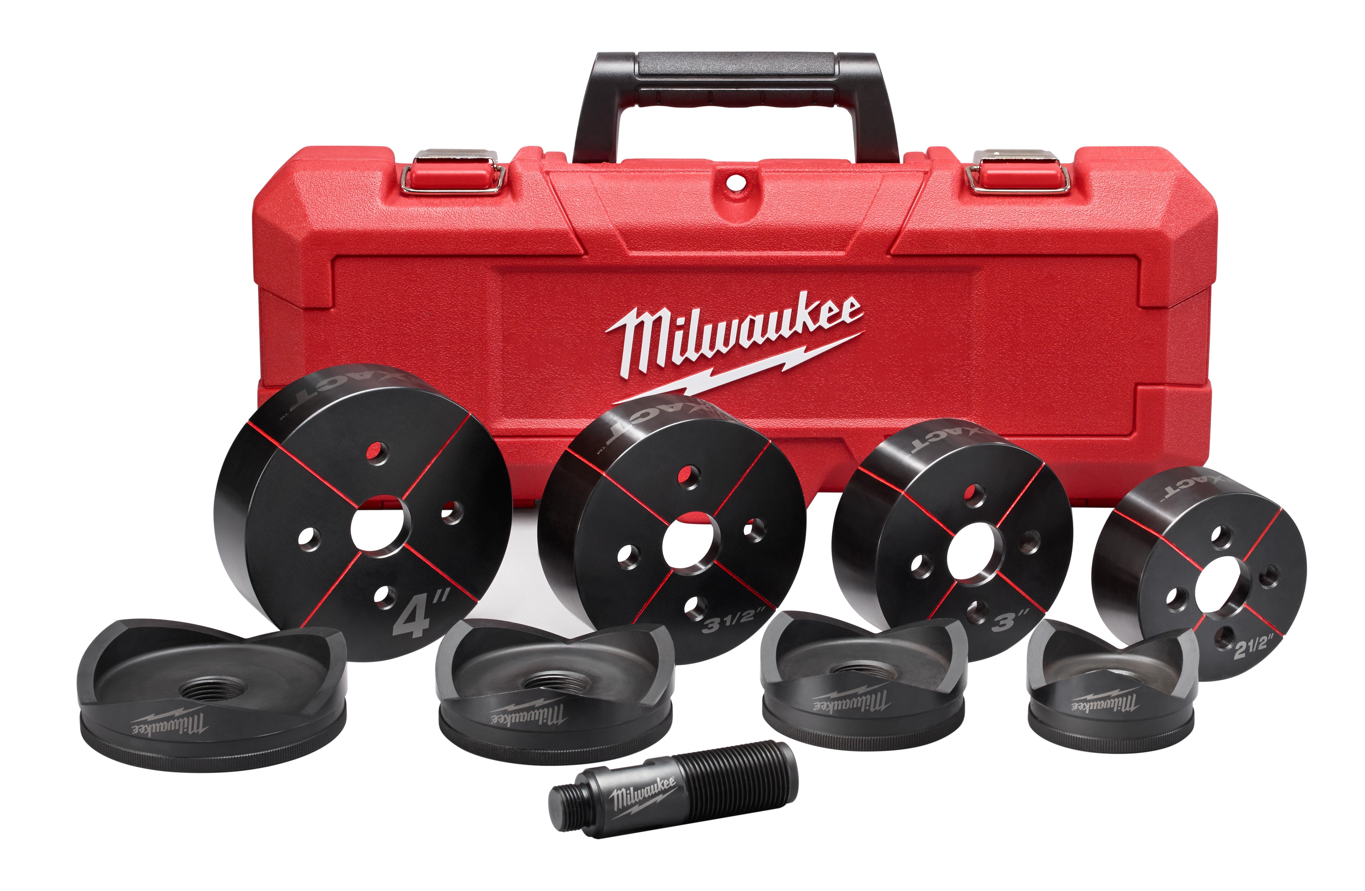 Milwaukee knockout set with red carrying case, four circular black cutting dies with red markings, four black adapter caps, a