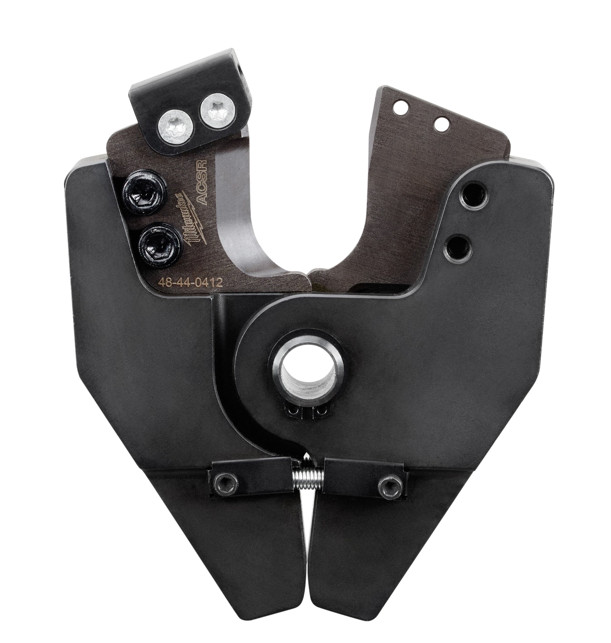 Black metal jaw tool with dual opposing plates, adjustment screw, and mounting holes for M18 power tool system.