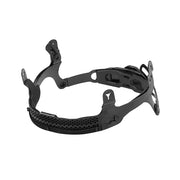 Black safety helmet suspension system with ratcheting adjustment mechanism and padded forehead band.