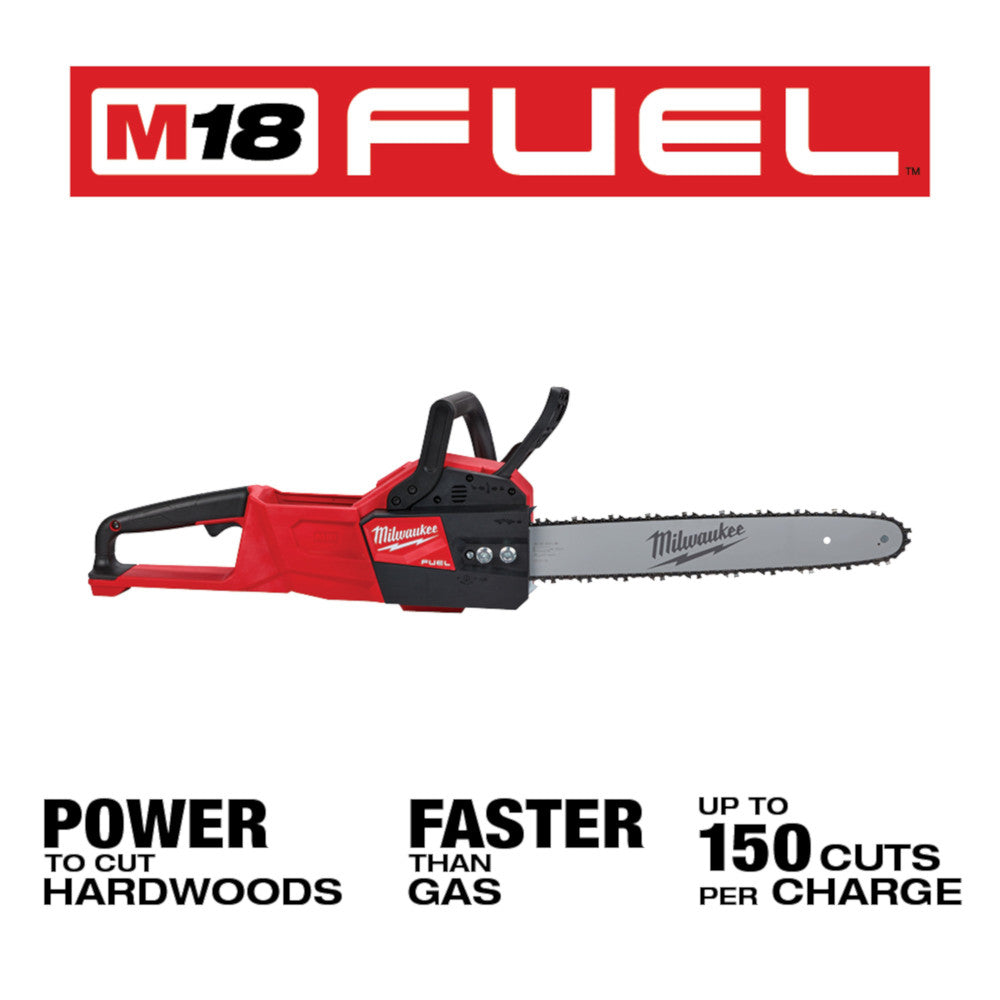 Red and black Milwaukee M18 FUEL chainsaw with 16-inch bar and chain, shown from the side.