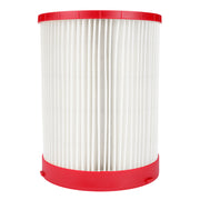 Cylindrical HEPA filter with white pleated folds and red plastic top and bottom caps.