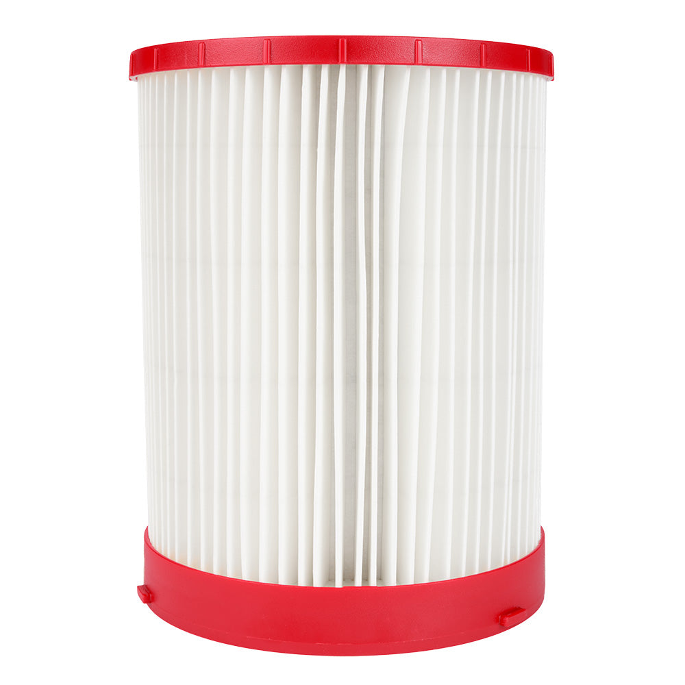 Cylindrical HEPA filter with white pleated folds and red plastic top and bottom caps.