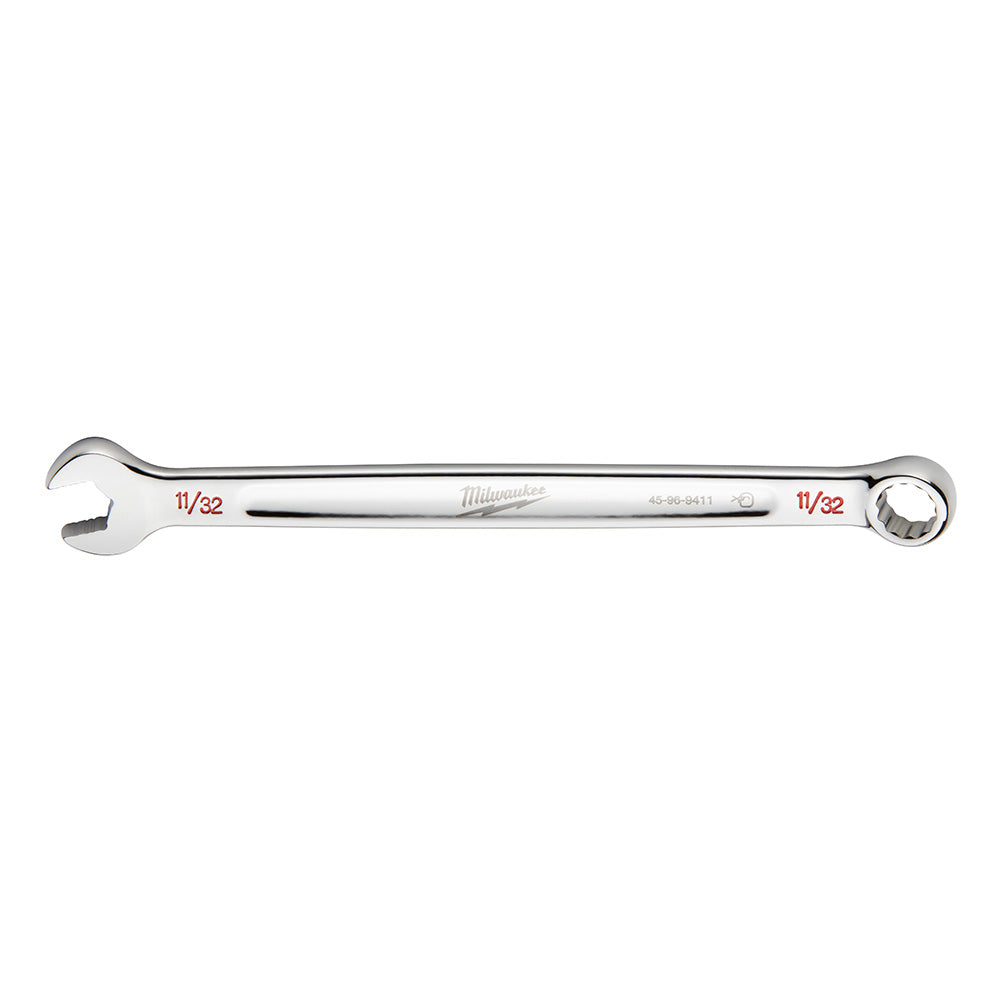 Silver Milwaukee 11/32 inch combination wrench with open end and closed ring end on white background.