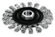 4-inch stainless steel cable twist knot wheel with black center hub and metal bristles radiating outward.