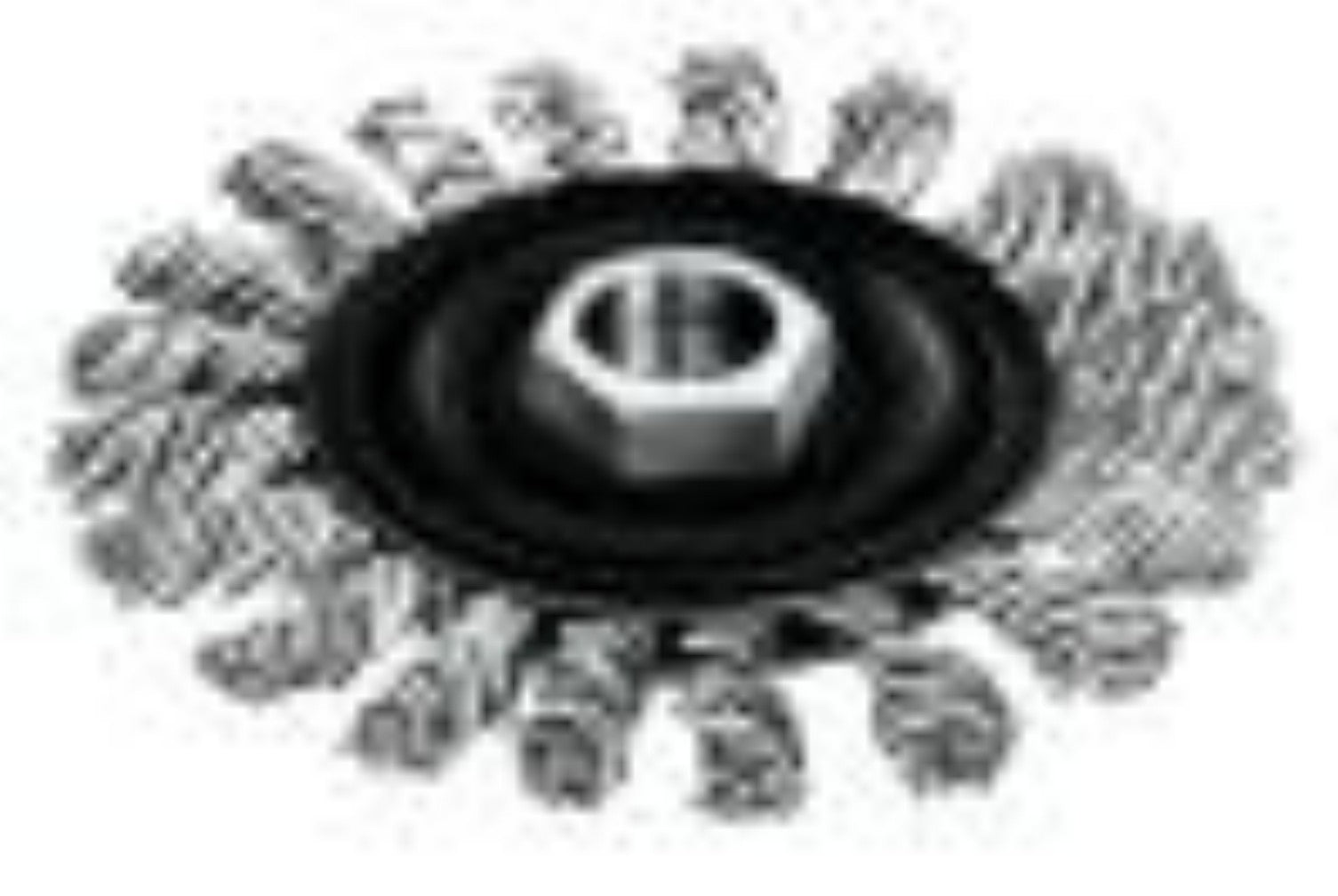 4-inch stainless steel cable twist knot wheel with black center hub and metal bristles radiating outward.