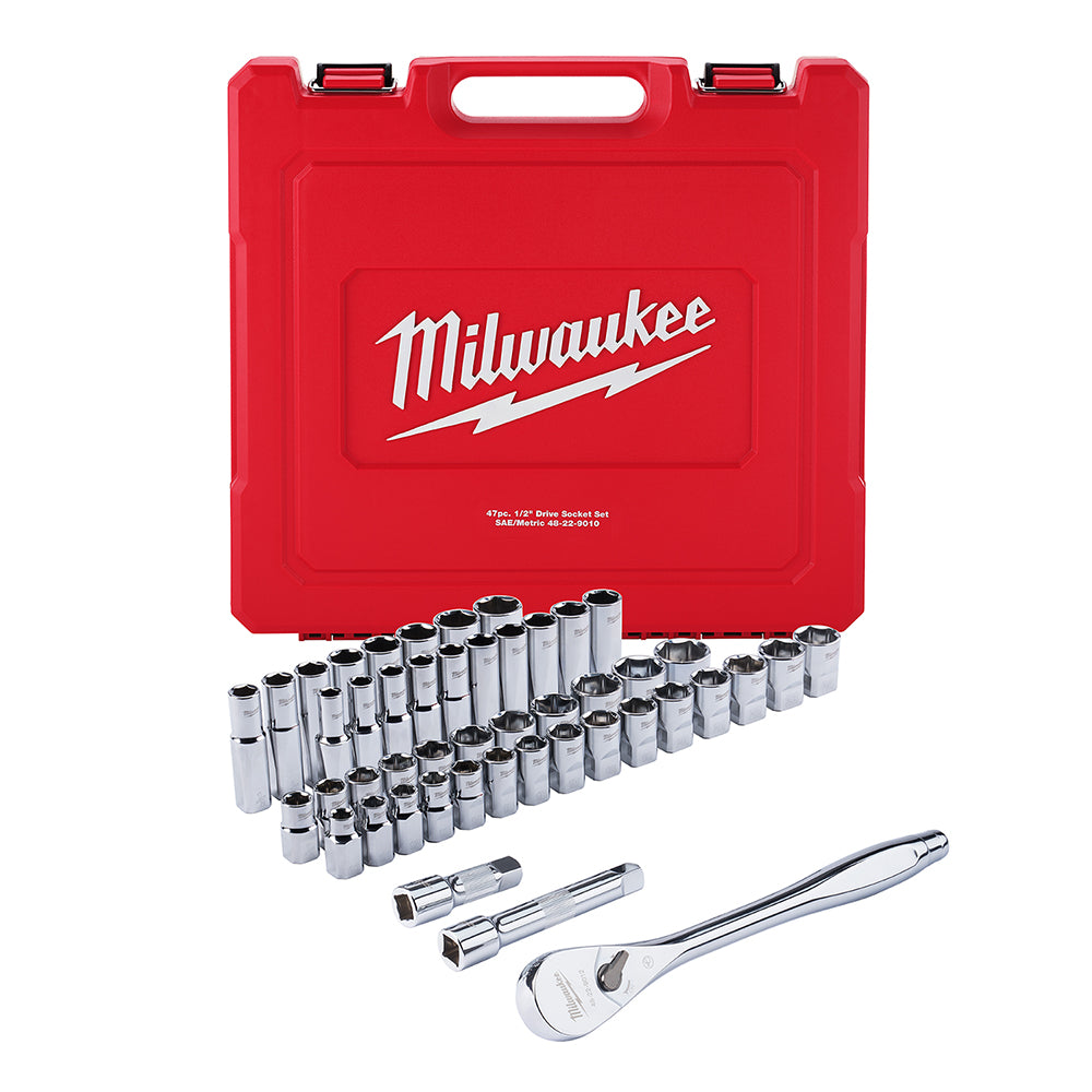 Red Milwaukee case containing 47 chrome sockets in various sizes, two extensions, and a ratchet wrench.