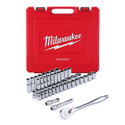 Red Milwaukee case containing 47 chrome sockets in various sizes, two extensions, and a ratchet wrench.