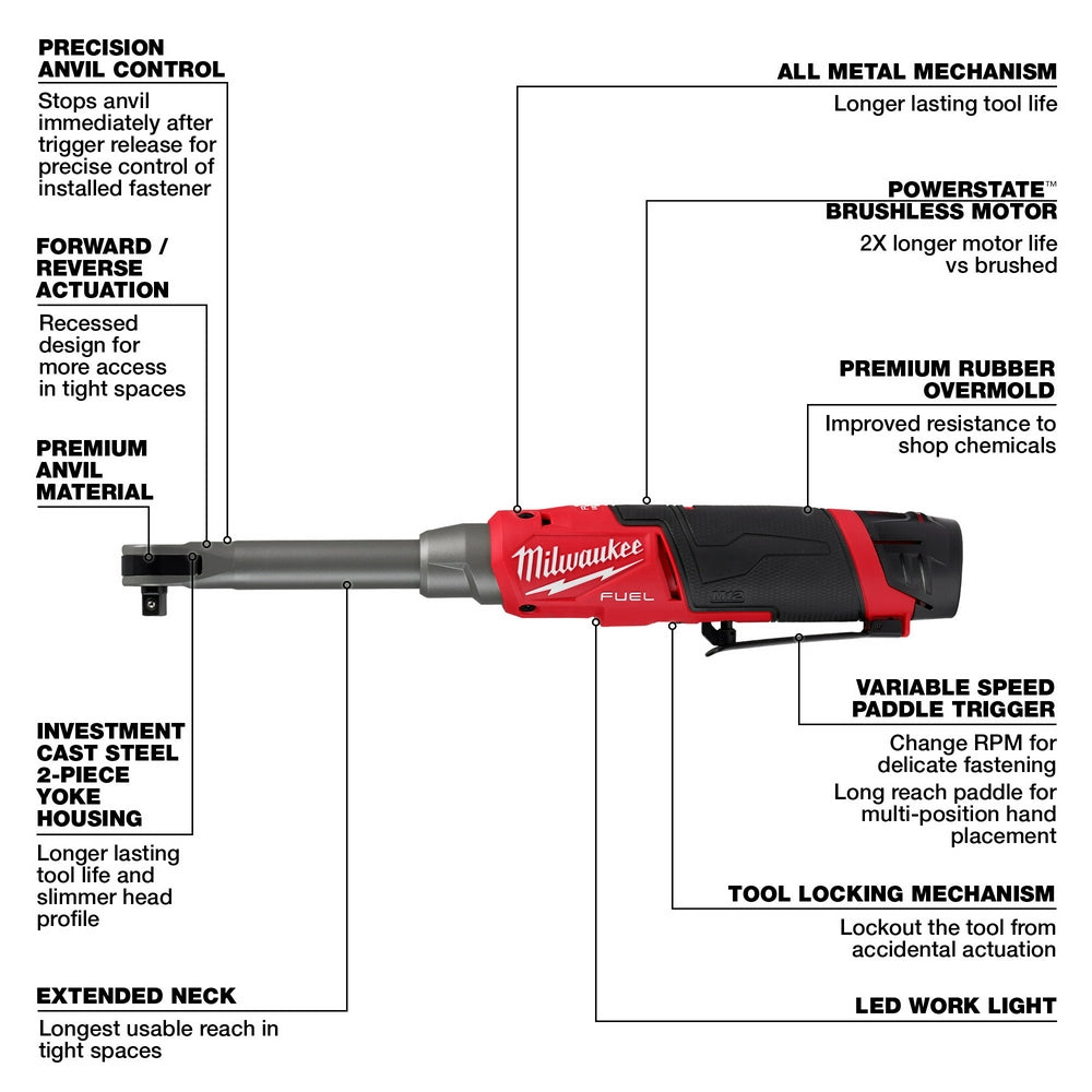 Milwaukee M12 FUEL cordless ratchet with red and black body, extended neck, trigger, and labeled features.