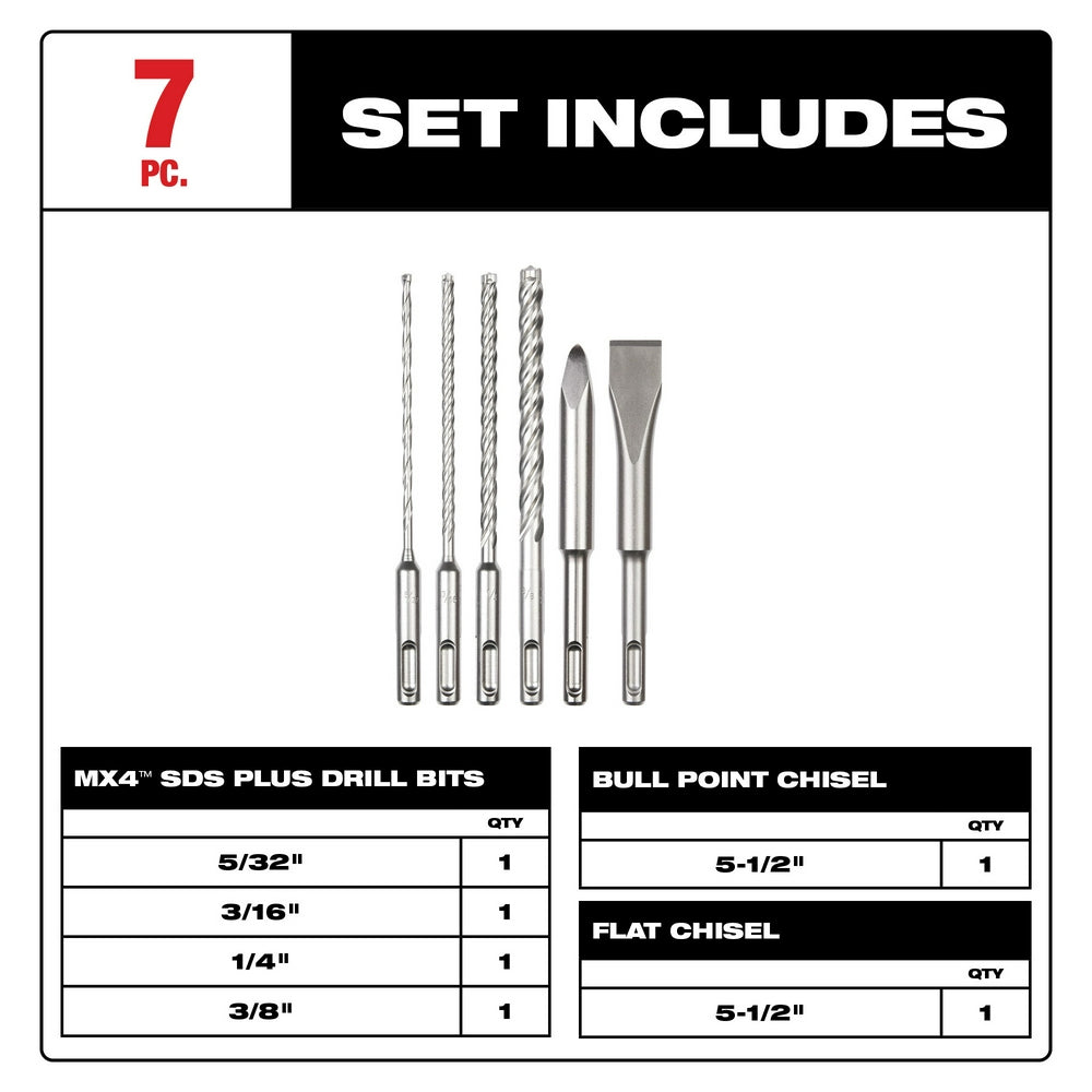 Six SDS Plus drill bits and chisels arranged in a row: four fluted drill bits in varying sizes and two flat-edged chisels.