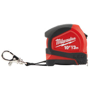 Red and black Milwaukee keychain tape measure with 10FT/3m capacity and metal carabiner attachment.