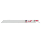 Milwaukee 9-inch thin kerf reciprocating saw blade with 18 teeth per inch and red/white mount end.