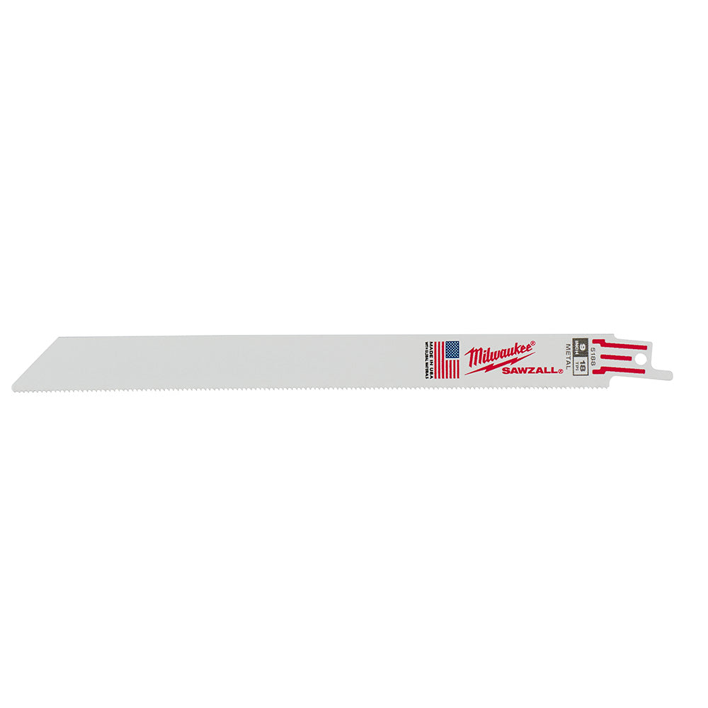 Milwaukee 9-inch thin kerf reciprocating saw blade with 18 teeth per inch and red/white mount end.