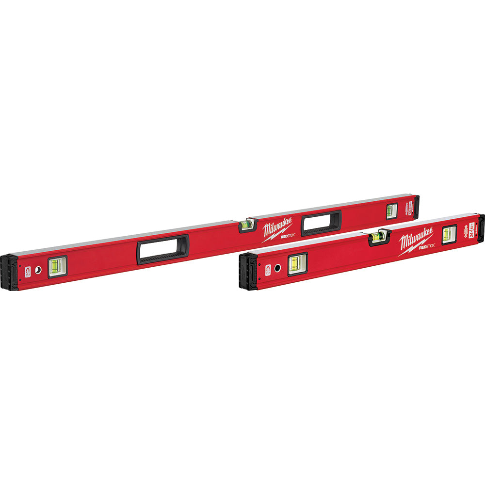 Two red Milwaukee box levels with black end caps, spirit bubbles, and magnetic strips, one 48 inches and one 24 inches long.