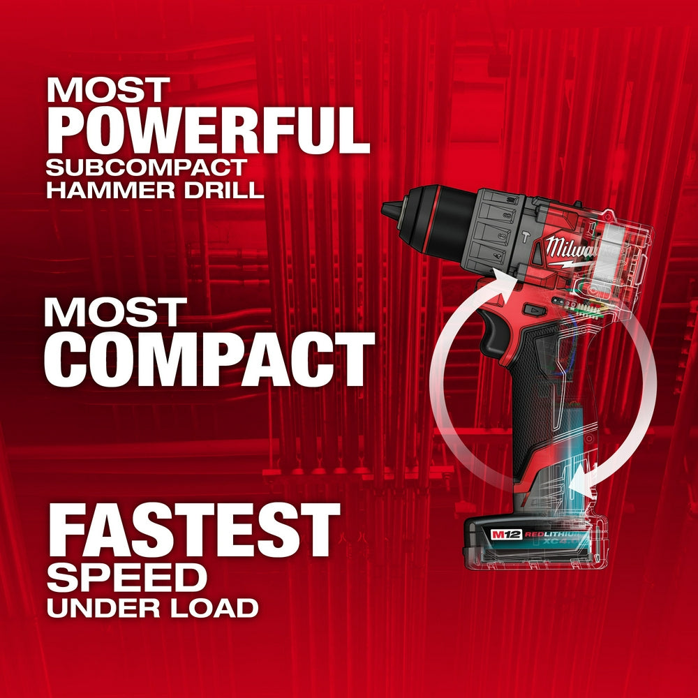 Milwaukee M12 FUEL red and black compact hammer drill with battery pack displayed against red background.