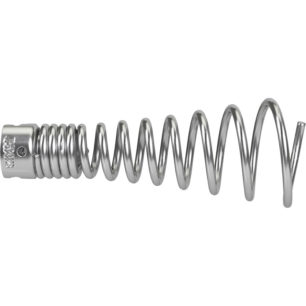 Coiled metal auger cable with connector fitting on left end, 7/8 inch diameter sectional drain cleaning cable.