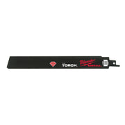 Black Milwaukee SAWZALL reciprocating saw blade with diamond grit coating and mounting hole at end.
