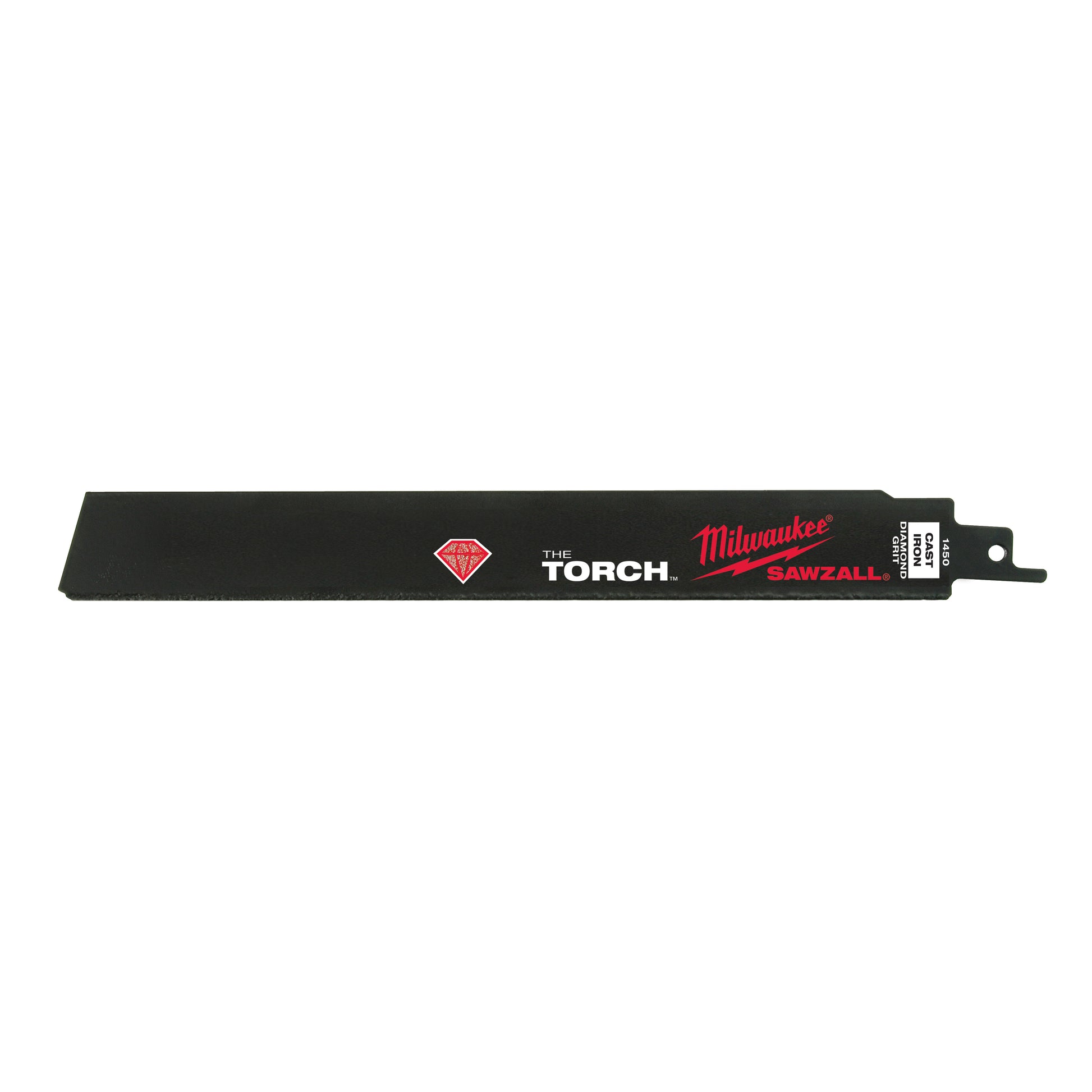 Black Milwaukee SAWZALL reciprocating saw blade with diamond grit coating and mounting hole at end.