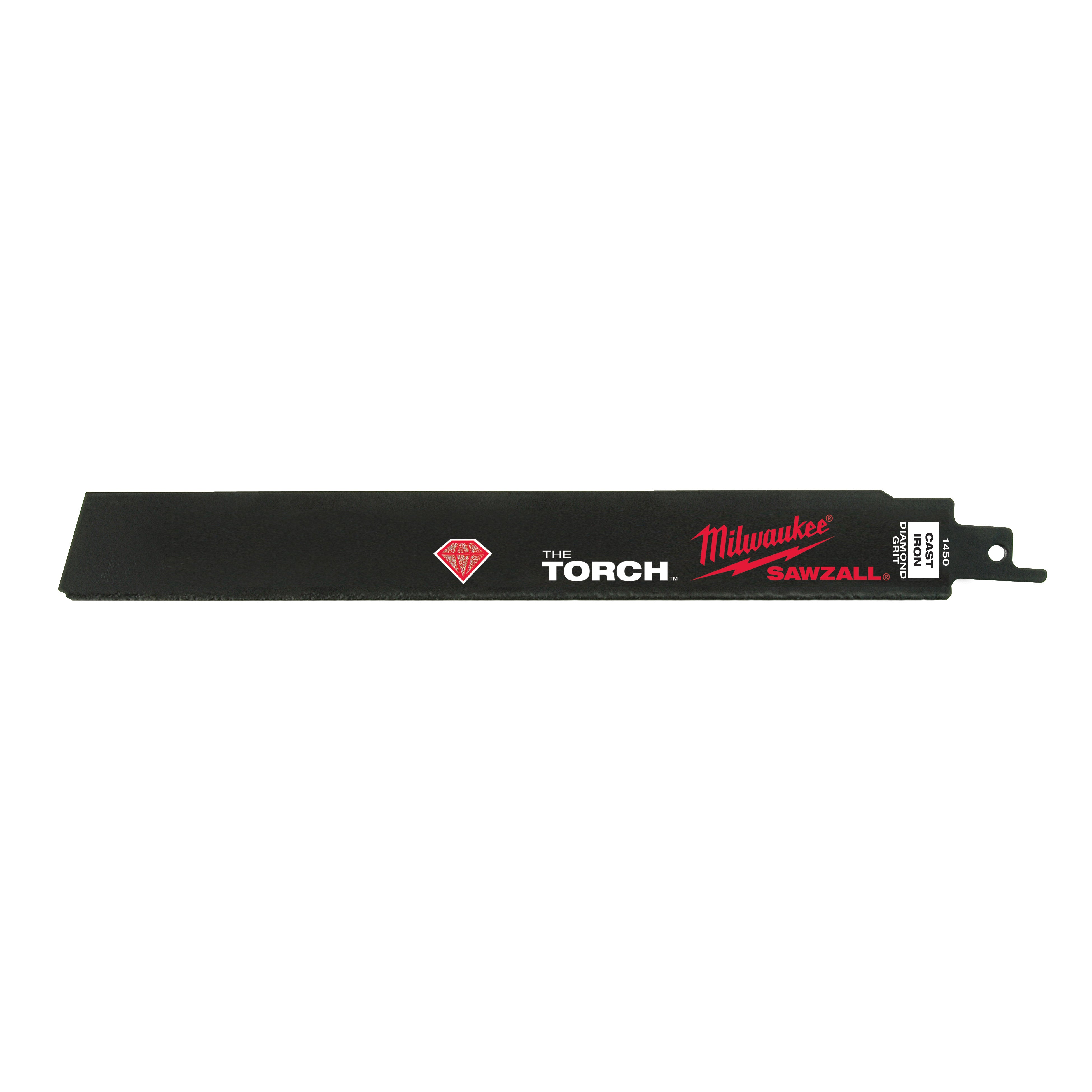 Black Milwaukee SAWZALL reciprocating saw blade with diamond grit coating and mounting hole at end.
