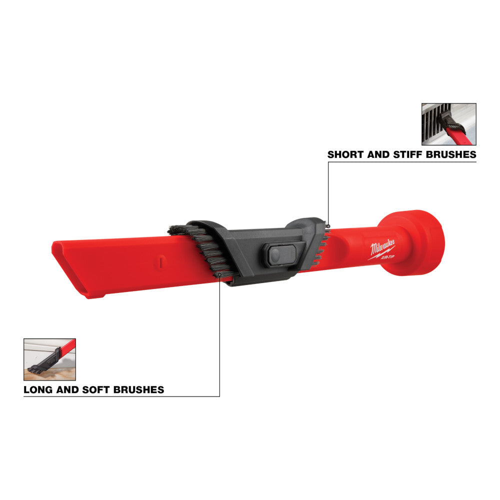 Red and black Milwaukee AIR-TIP tool with interchangeable crevice nozzle and brush attachments for vacuums.