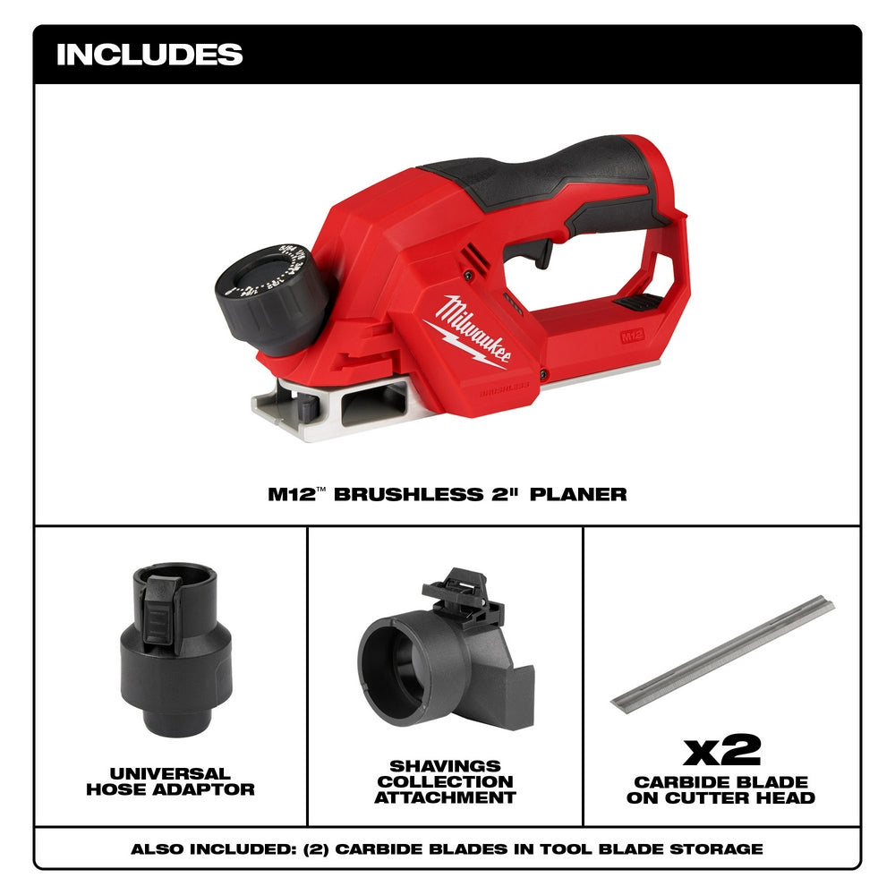 Red and black M12 brushless planer with universal hose adaptor, shavings collection attachment, and carbide blade cutter head