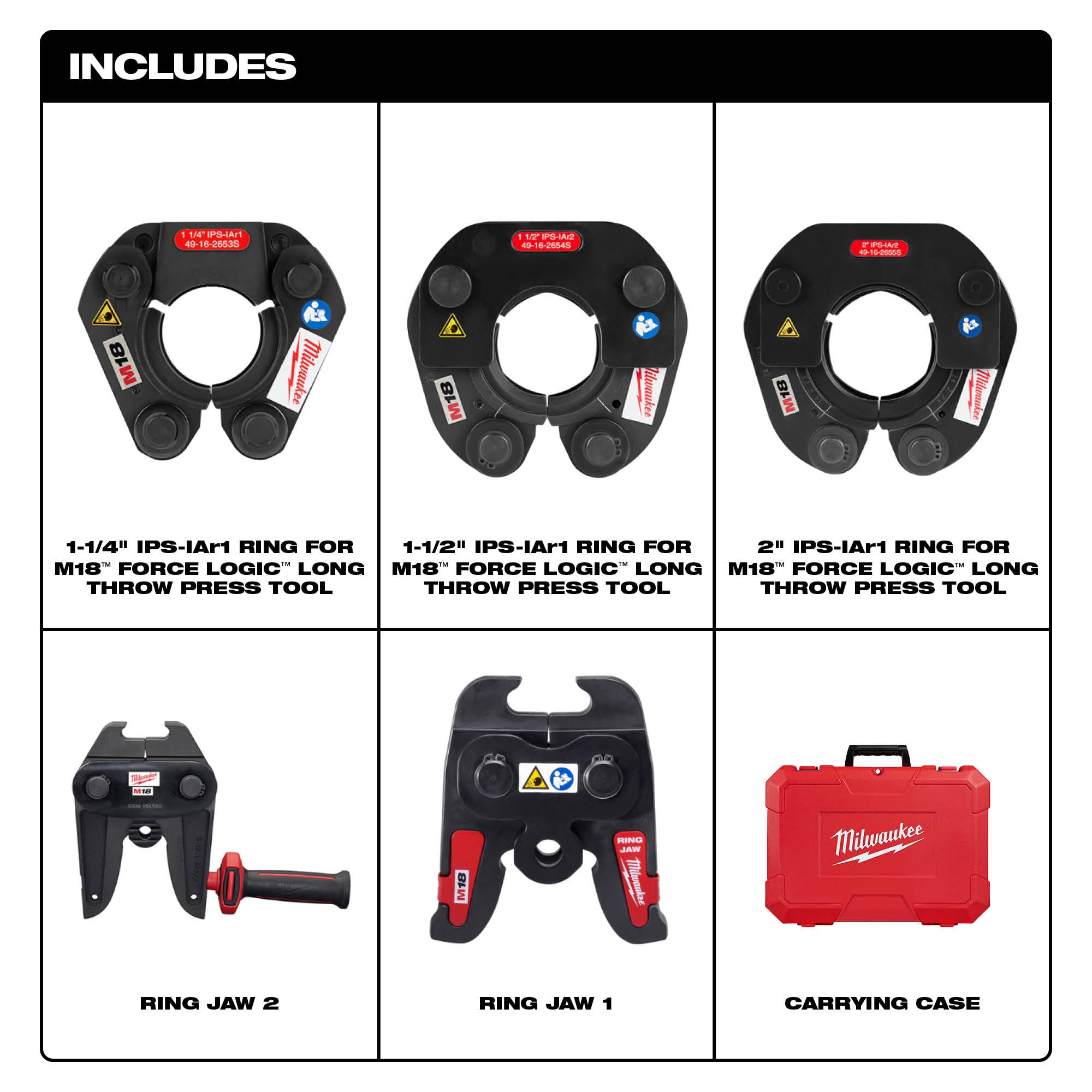 Milwaukee press ring kit containing three black IPS-IA ring sizes, two ring jaws, and red carrying case.
