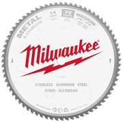 Milwaukee 14-inch circular saw blade with 72 teeth for metal and stainless steel cutting.