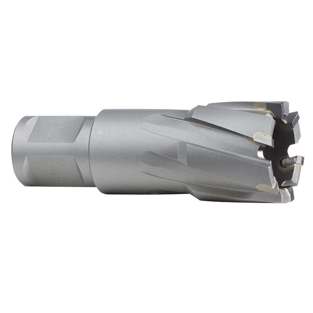 Silver and black TCT annular cutter with cylindrical shank and hollow cutting head with carbide teeth.