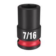 Black 3/8" drive socket with 7/16" 6-point opening, red grip band, and white size markings.