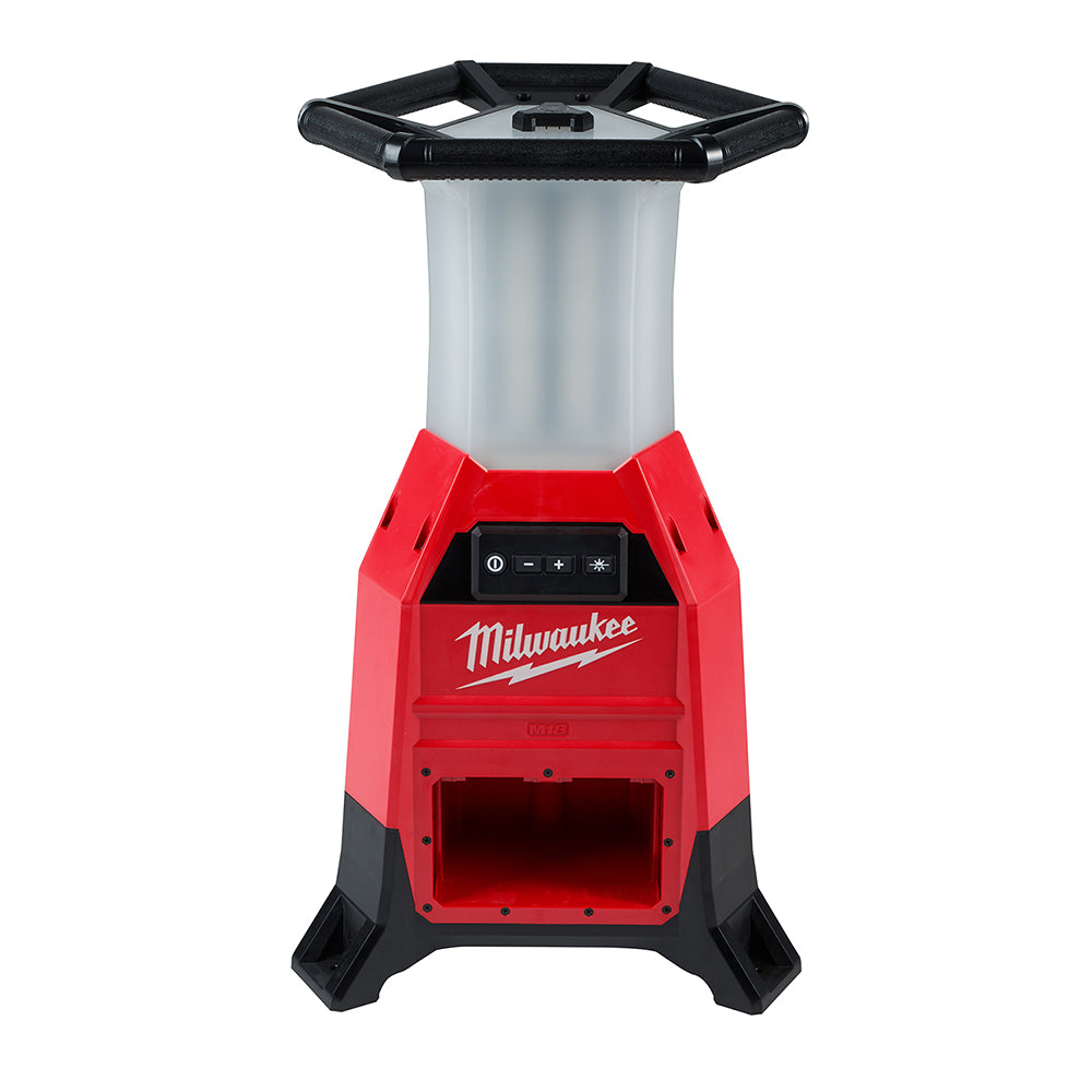 Red and black Milwaukee M18 RADIUS site light with frosted dome top and control buttons on front panel.