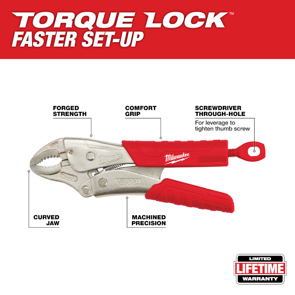 Milwaukee TORQUE LOCK curved jaw locking pliers with red comfort grip handles and labeled features including forged strength 