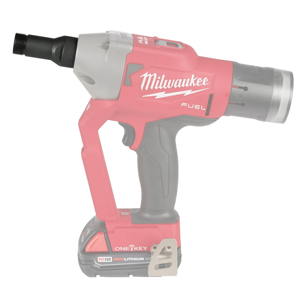 Milwaukee M18 FUEL cordless lockbolt tool in red and gray with ONE-KEY battery and black threaded adapter.