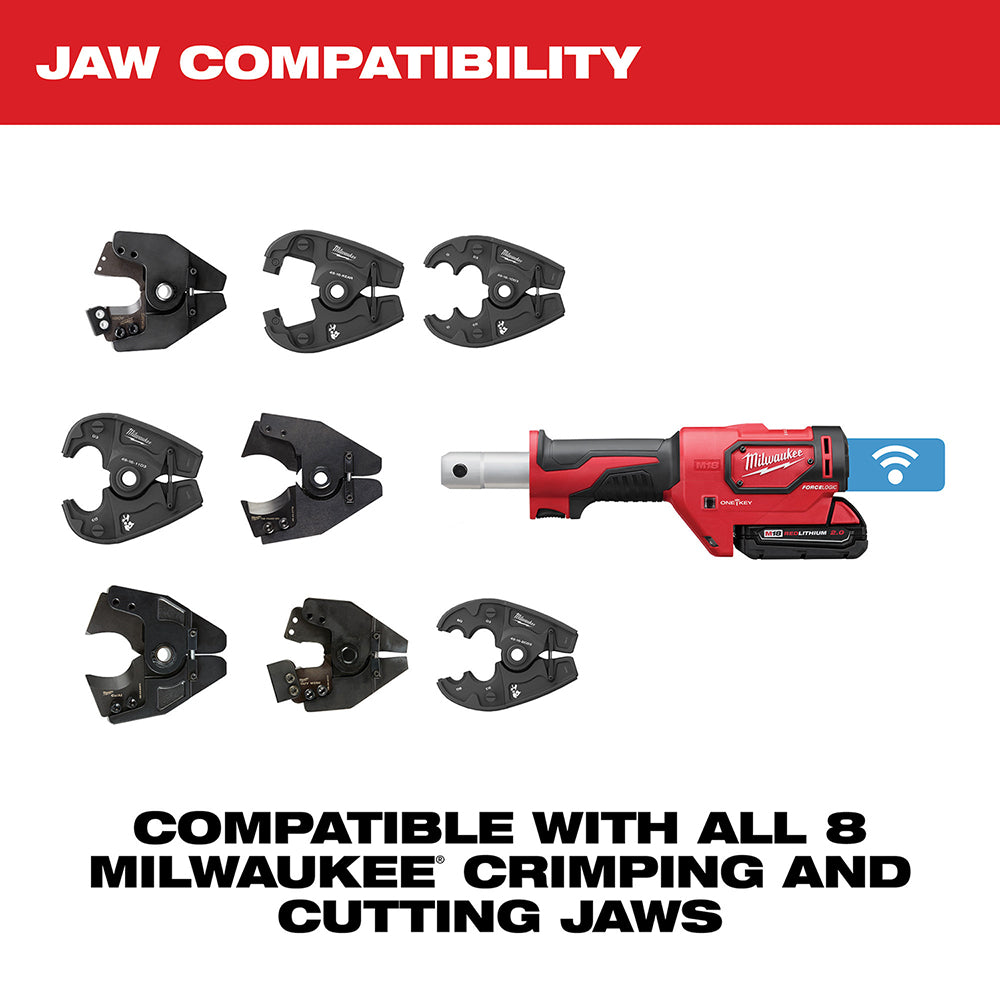 Milwaukee M18 FORCE LOGIC crimper with eight interchangeable black jaw heads displayed and tool shown with red and black hous