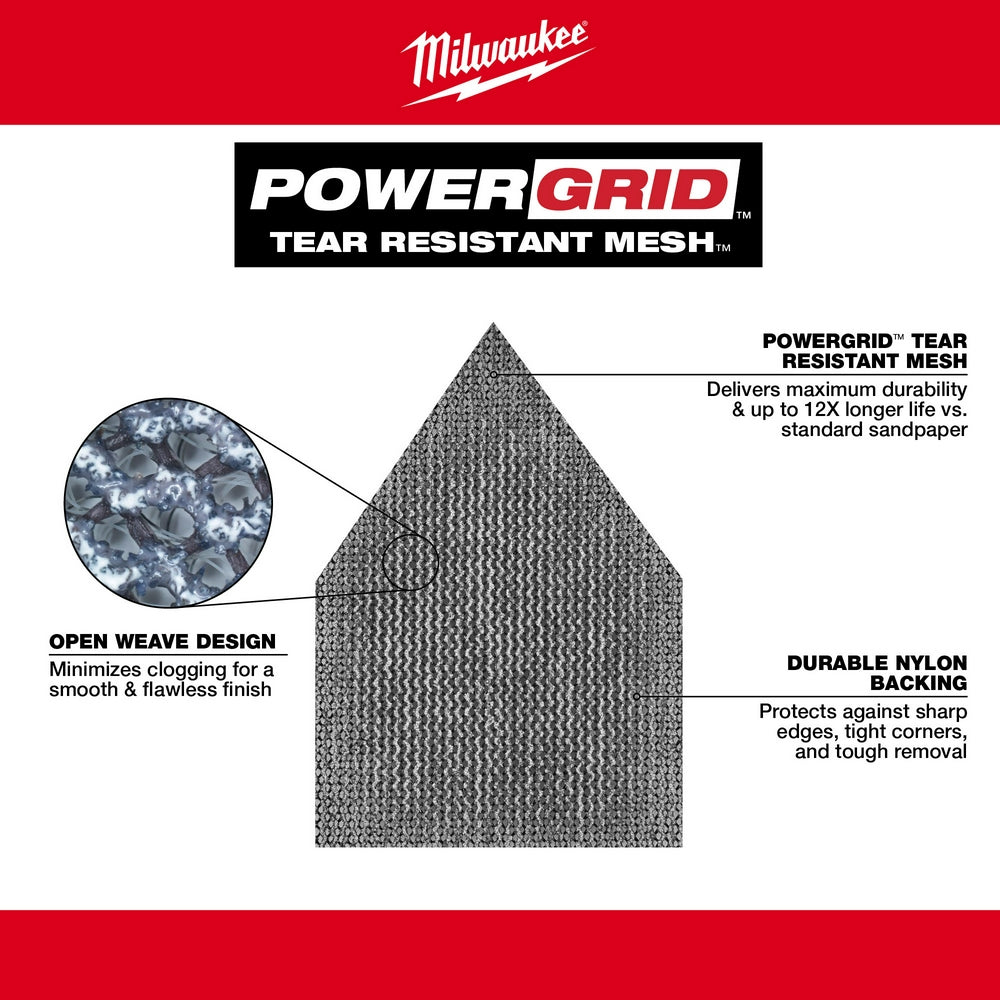 Milwaukee 320 grit mesh sanding sheet with open weave design and nylon backing for orbital detail sander.