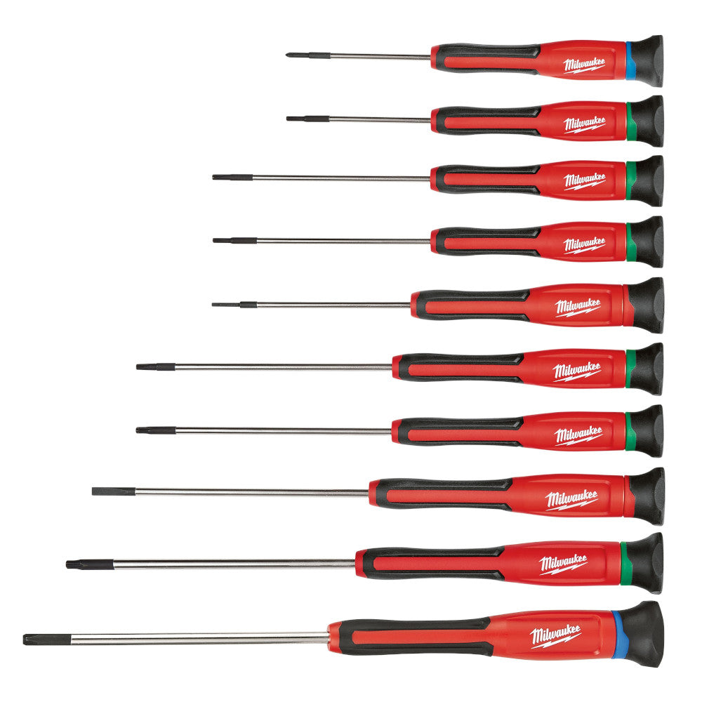 Ten Milwaukee precision screwdrivers with red and black handles arranged vertically, featuring slotted and Phillips head tips
