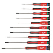 Ten Milwaukee precision screwdrivers with red and black handles arranged vertically, featuring slotted and Phillips head tips