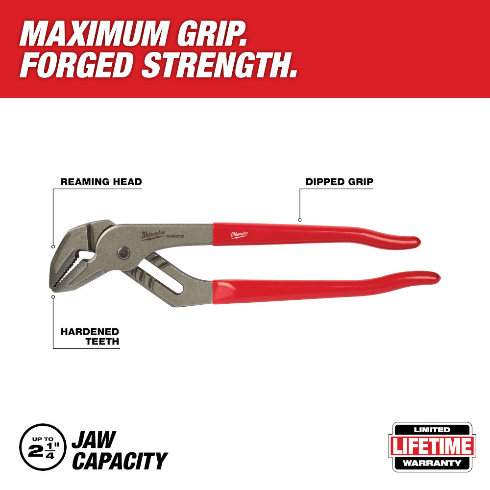 Milwaukee 12-inch pump plier with red dipped grip, reaming head, and hardened teeth.