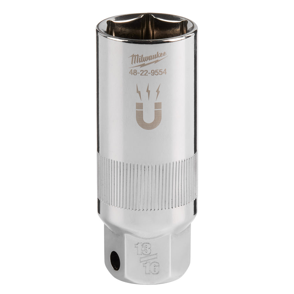 Milwaukee 3/8" drive magnetic spark plug socket with chrome finish and hexagonal opening, model number 48-22-9554.