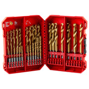 Red plastic case containing 29 titanium-coated drill bits in various sizes arranged in organized rows.
