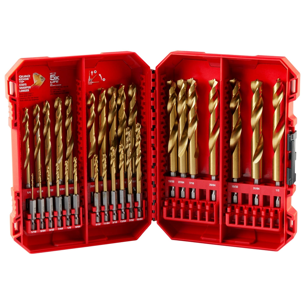 Red plastic case containing 29 titanium-coated drill bits in various sizes arranged in organized rows.