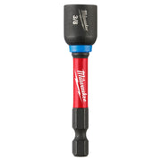 Milwaukee Shockwave 3/8" magnetic nut driver with red and black shaft, blue collar band, and black socket head labeled 3/8.