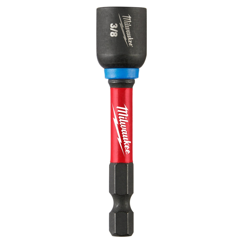Milwaukee Shockwave 3/8" magnetic nut driver with red and black shaft, blue collar band, and black socket head labeled 3/8.