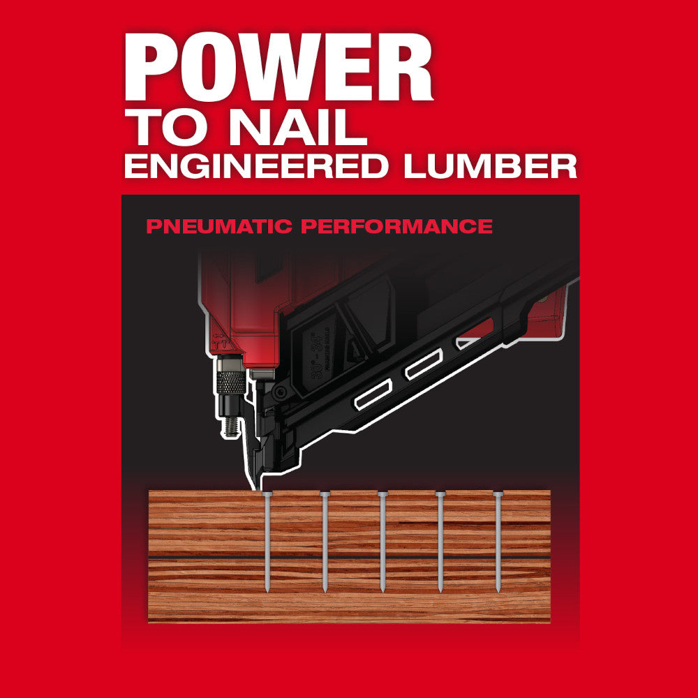 Black and red framing nailer driving nails into wood lumber at 30-degree angle on red background.