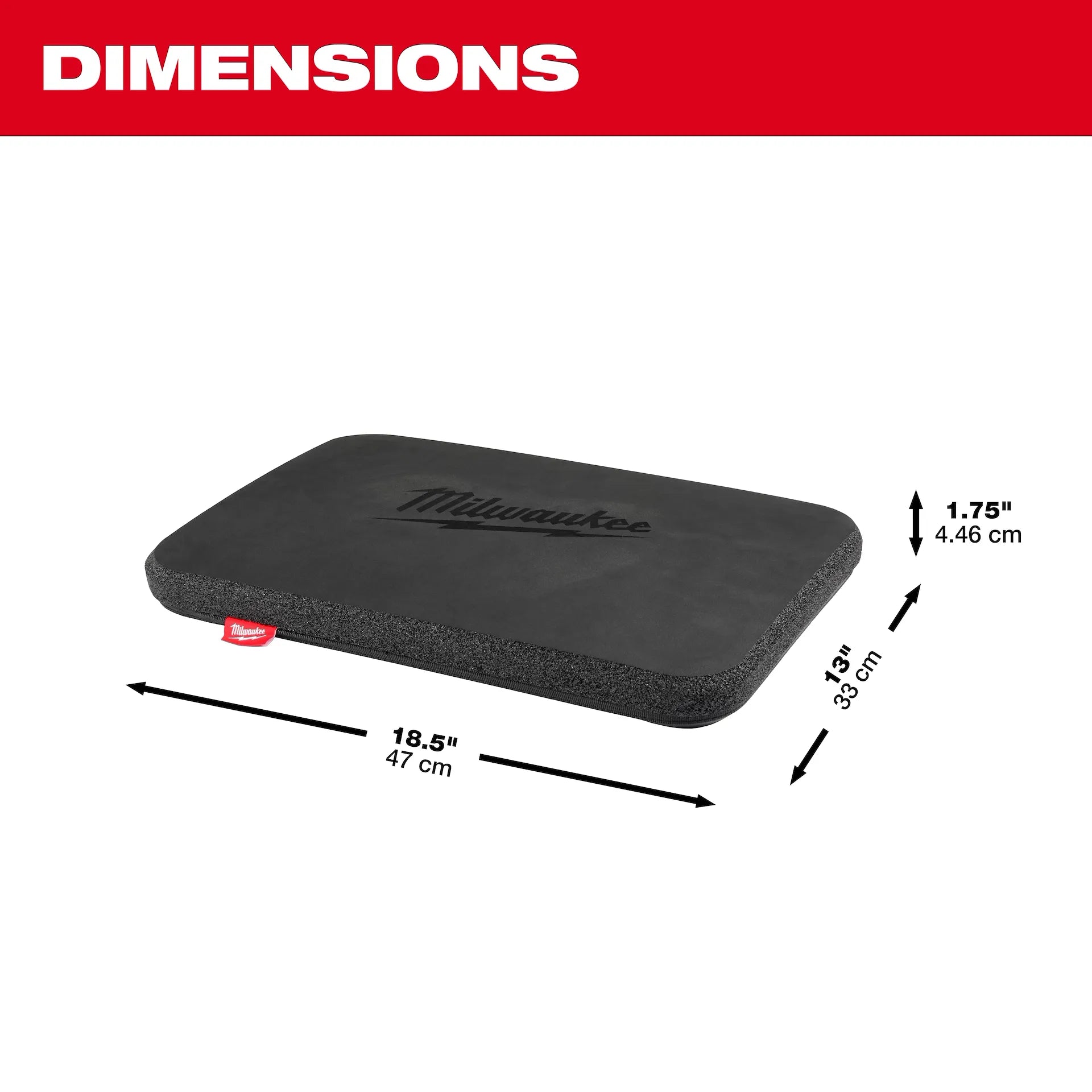 Black rectangular kneeling pad with Milwaukee branding and red label, measuring 18.5" x 13" x 1.75".