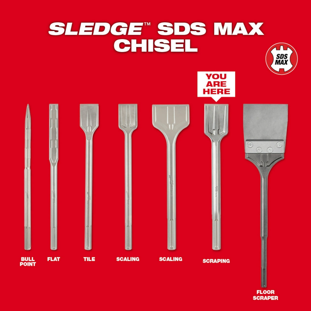 Milwaukee SDS-Max 2-inch demolition scraping chisel with flat rectangular head and cylindrical shaft on red background.
