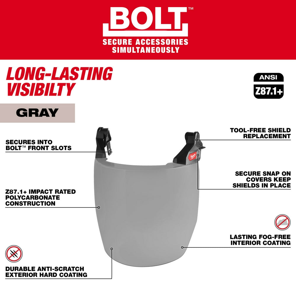 Gray full face shield with dual-coat lens and black mounting clips for Milwaukee BOLT safety helmet attachment.