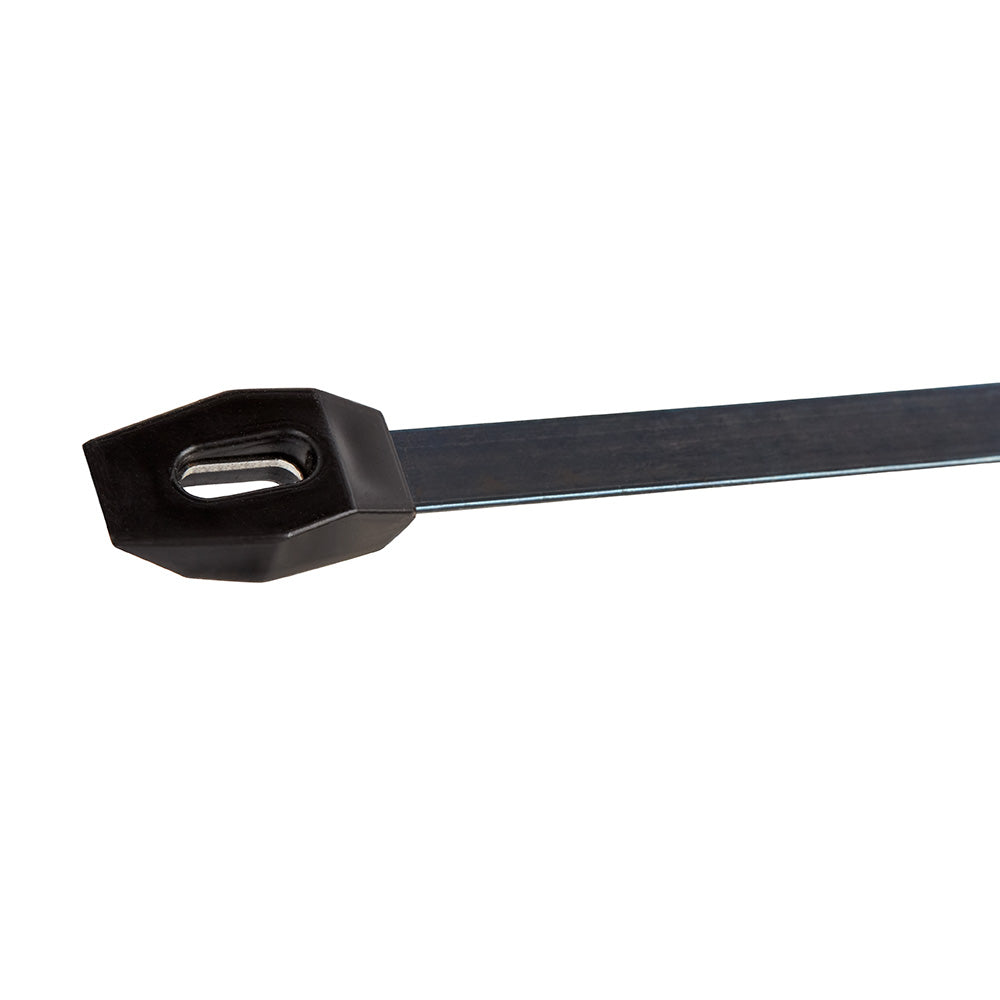 Steel fish tape with black low profile tip and housing for electrical wire pulling.