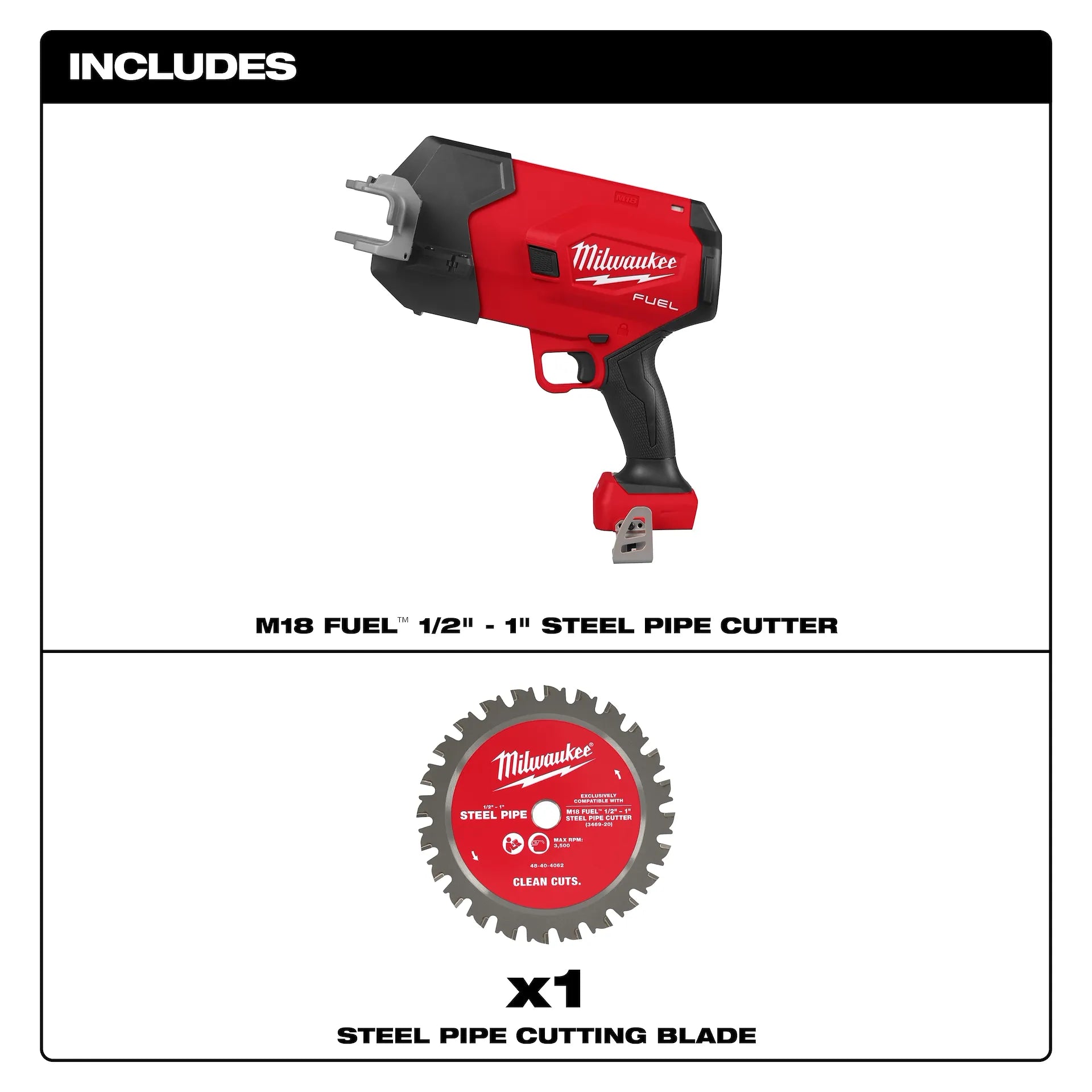 Red and black Milwaukee M18 FUEL pipe cutter with cutting head and one steel pipe cutting blade included.